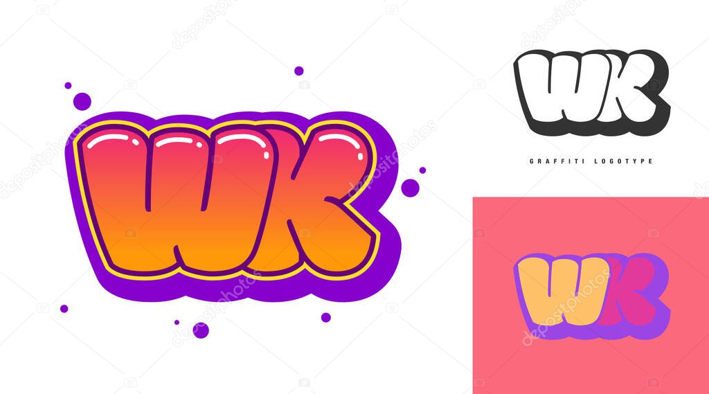 WK logo design for festival or party. Initial letter w and k in graffiti style. Creative modern lettering company name of font typography. Kids trendy logotype or identity. Vector illustration.
