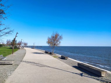 Güneşli bir günde sakin bir sahil yürüyüşü. Boş yollar, banklar ve seyrek ağaçlar huzurlu bir atmosfer sunuyor. Seyahat, turizm ya da rahatlama temaları için mükemmel.