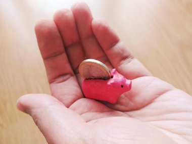İçinde bozuk para olan küçük pembe bir kumbara, elinde tutuyordu. Tasarruf, yatırım, finans ve finansal güvenliği sembolize eder. İş, eğitim ve kişisel finans konuları için harika.