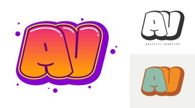 Festival veya parti için AV logosu tasarımı. Graffiti tarzında ilk harf A ve V. Yazı tipi tipografisinin yaratıcı modern harfleri. Modayı takip eden logotlar ya da kimlikler. Vektör illüstrasyonu.
