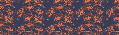 Soyut çiçek deseni. Koyu lacivert arka planda yanmış turuncu renkli çiçeklerle şık, tekrarlayan bir tasarım. Tekstil baskıları, duvar kağıtları, web sitesi arkaplanları veya moda tasarımları için mükemmel.