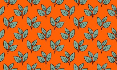 Canlı turuncu arkaplan, tekrarlayan şekilli deniz mavisi yapraklarıyla süslenmiş..
