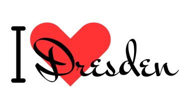 Almanya 'daki Dresden şehrini seviyorum. Kırmızı kalpli el yazısıyla yazılmış mektuplar. Vektör illüstrasyon harfleri, yazdırma tişörtü, afiş, poster, etiket veya etiket için modern tasarım.