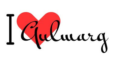 Gulmarg 'ı seviyorum, Hindistan' ı. Kırmızı kalpli el yazısıyla yazılmış mektuplar. Vektör illüstrasyon harfleri, yazdırma tişörtü, afiş, poster, etiket veya etiket için modern tasarım.