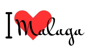 İspanya 'nın Malaga şehrini seviyorum. Kırmızı kalpli el yazısıyla yazılmış mektuplar. Vektör illüstrasyon harfleri, yazdırma tişörtü, afiş, poster, etiket veya etiket için modern tasarım.
