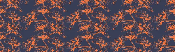 Soyut çiçek deseni. Koyu lacivert arka planda yanmış turuncu renkli çiçeklerle şık, tekrarlayan bir tasarım. Tekstil baskıları, duvar kağıtları, web sitesi arkaplanları veya moda tasarımları için mükemmel.
