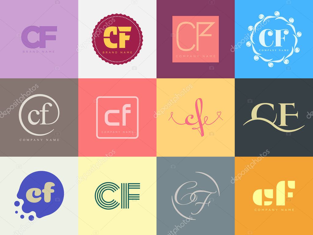 CF logo company template. Letter c and f logotype. Set different classic serif lettering and modern bold text with design elements. Initial font typography. Collection trendy business identity.