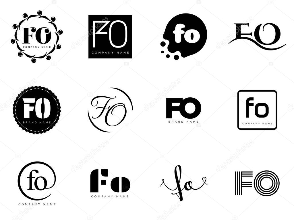 FO logo company template. Letter f and o logotype. Set different classic serif lettering and modern bold text with design elements. Initial font typography. Collection trendy business identity.