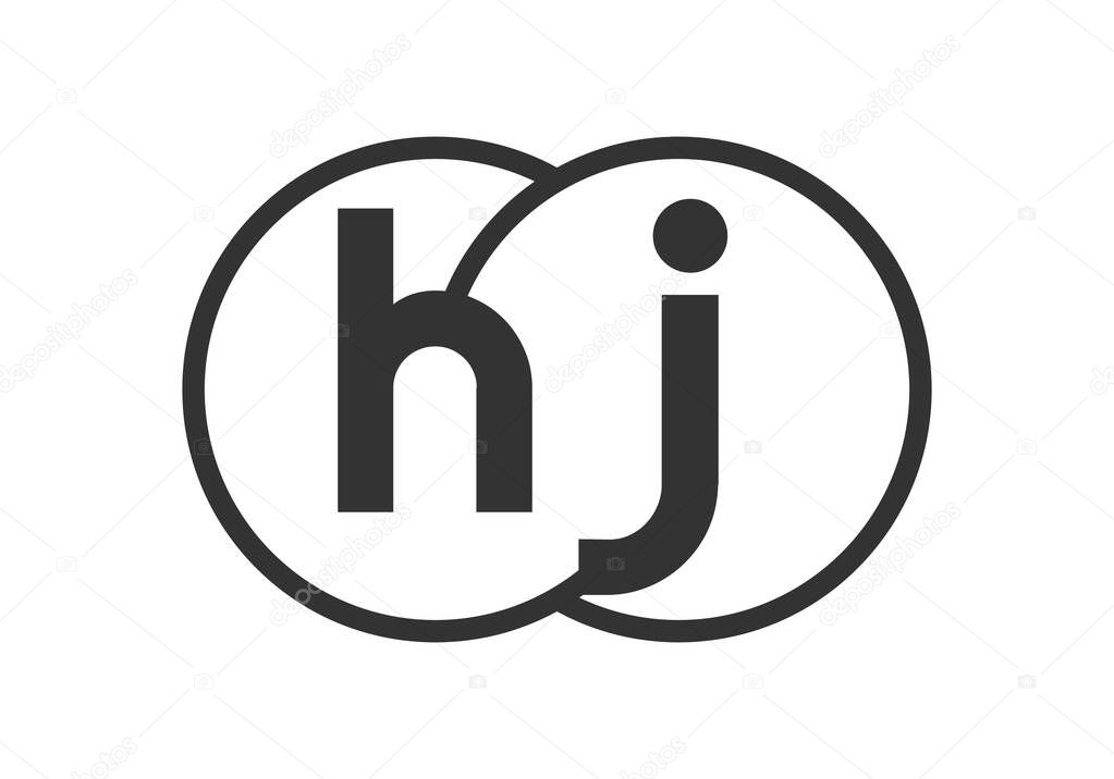 HJ business company emblem with outline rounds and letters h j. Logo template of two merged circles for brand identity, logotype. Vector Infinity symbol  and technology sign.