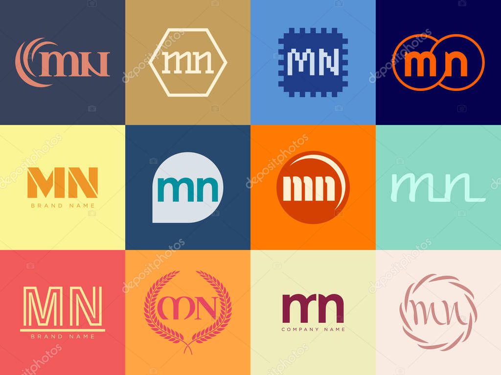 MN logo company template. Letter m and n logotype. Set different classic serif lettering and modern bold text with design elements. Initial font typography. Collection trendy business identity.