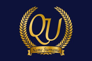 Q ve U harfleri, defne çelenkli QU monogram logo tasarımı. Kaligrafi yazı tipli lüks altın amblem.