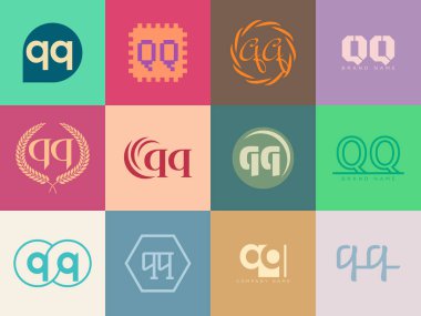 QQ logo şirketi şablonu. Q ve Q harfi logoti. Tasarım elemanları ile farklı klasik serif harfleri ve modern kalın metin ayarla. İlk yazı tipi tipografisi. Koleksiyon trend iş kimliği.