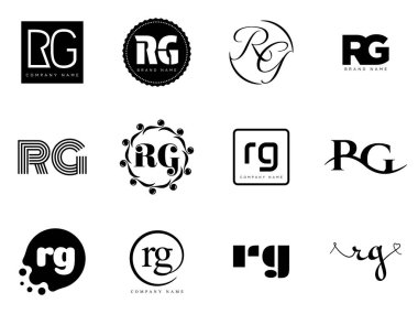 RG logo şirketi şablonu. R ve G harfi logoti. Tasarım elemanları ile farklı klasik serif harfleri ve modern kalın metin ayarla. İlk yazı tipi tipografisi. Koleksiyon trend iş kimliği.