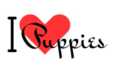 Köpek yavrularının yaratıcı sloganına bayılırım. Kırmızı kalpli el yazısıyla yazılmış mektuplar. Yazılı t-shirt, afiş, poster, çıkartma veya etiket için modern tasarım harfleri.