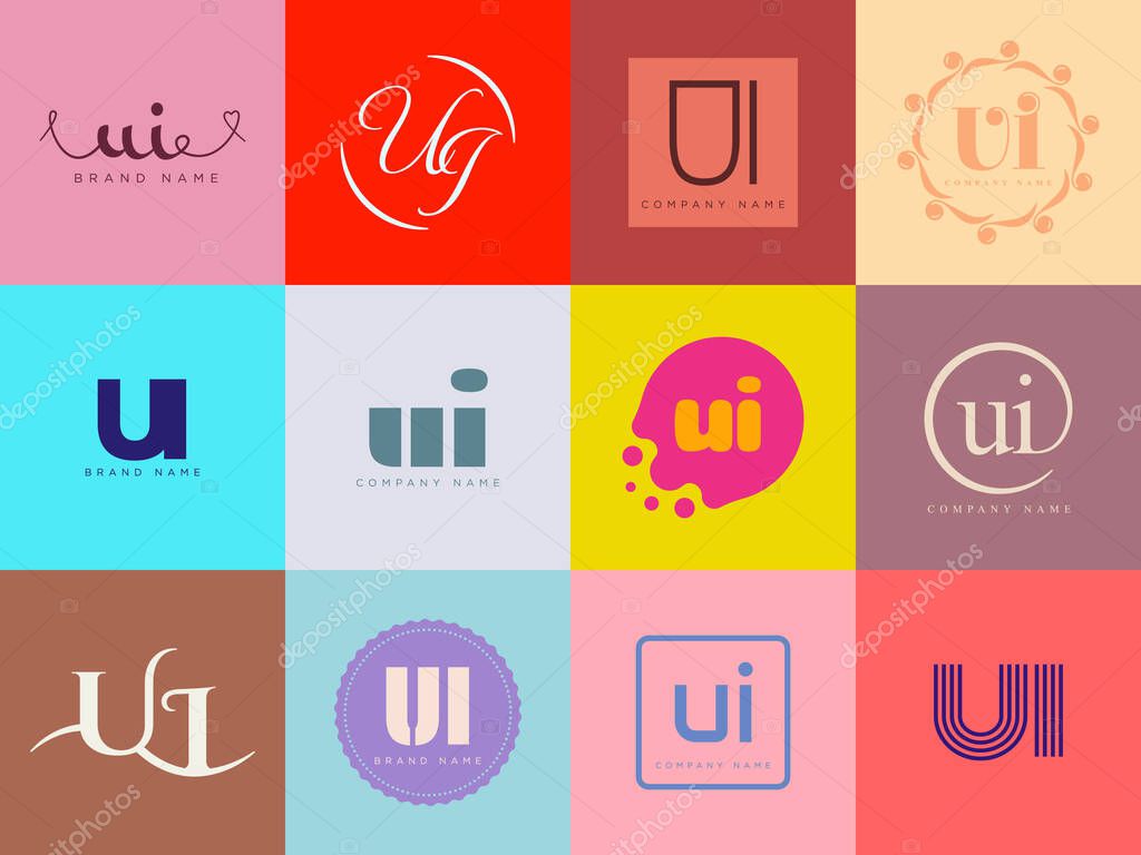 UI logo company template. Letter u and i logotype. Set different classic serif lettering and modern bold text with design elements. Initial font typography. Collection trendy business identity.