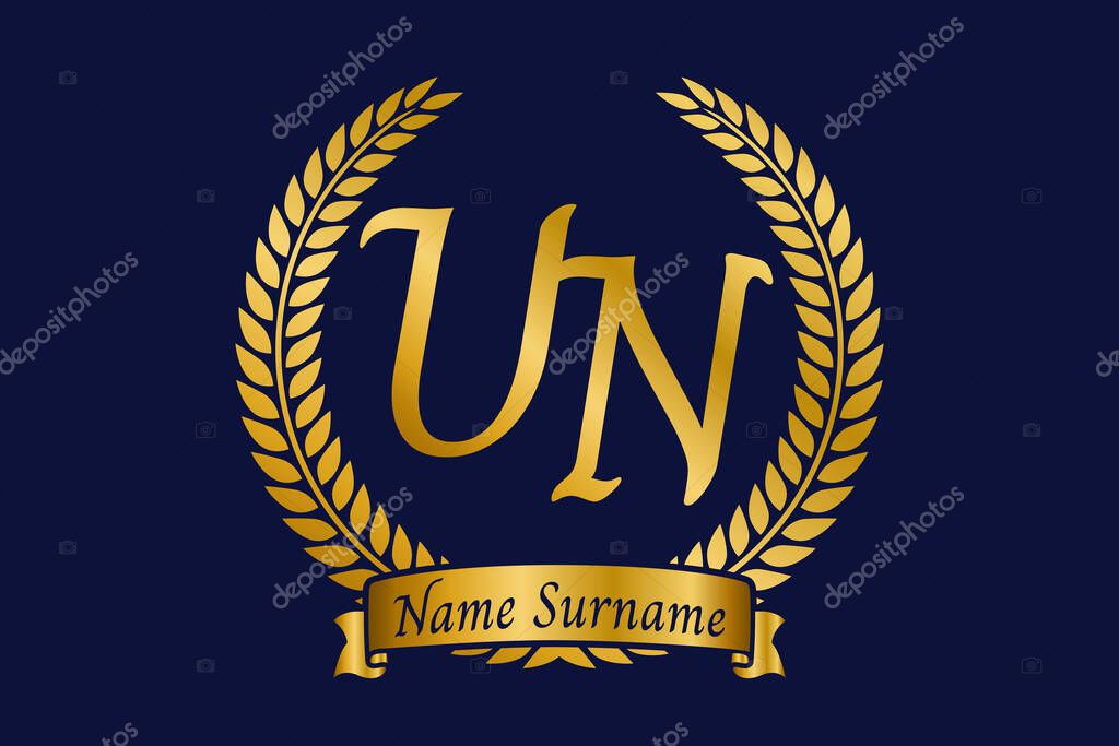 Initial letter U and N, UN monogram logo design with laurel wreath. Luxury golden emblem with calligraphy font.