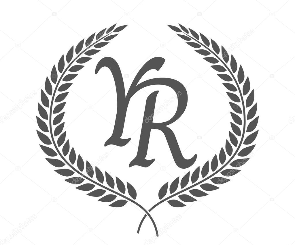 Initial letter Y and R, YR monogram logo design with laurel wreath. Luxury emblem with calligraphy font.