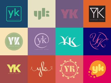 YK logo şirketi şablonu. Y ve K logoti harfleri. Tasarım elemanları ile farklı klasik serif harfleri ve modern kalın metin ayarla. İlk yazı tipi tipografisi. Koleksiyon trend iş kimliği.