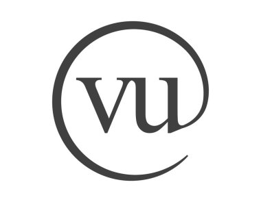 Daire şeklinde e-posta işareti tarzında iki harften oluşan VU logosu. V ve U markalı kimlik için iş şirketinin yuvarlak logosu.