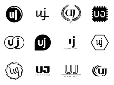 UJ logo şirketi şablonu. U ve J harfleri logoti. Tasarım elemanları ile farklı klasik serif harfleri ve modern kalın metin ayarla. İlk yazı tipi tipografisi. Koleksiyon trend iş kimliği.