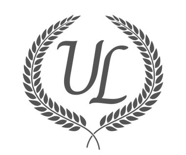 İlk harf U ve L, defne çelenkli UL monogram logo tasarımı. Kaligrafi yazı tipli lüks amblem.