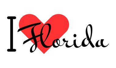 Amerika Birleşik Devletleri 'nin Florida eyaletini seviyorum. Kırmızı kalpli el yazısıyla yazılmış mektuplar. ABD bölgeleri vektör illüstrasyonu, basılı tişört, pankart, poster, etiket veya etiket için modern tasarım harfleri.