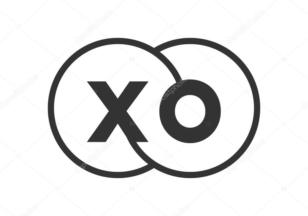XO business company emblem with outline rounds and letters x o. Logo template of two merged circles for brand identity, logotype. Vector Infinity symbol  and technology sign.