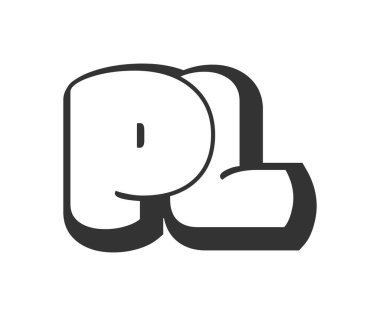 PL logosu, karikatür harfleri, graffiti stili siyah beyaz siluet şeklinde yuvarlak. Festival partisi için modaya uygun P ve L harfleri, baş harfler, çocuklar için funky prinky ve web. Vektör illüstrasyonu.