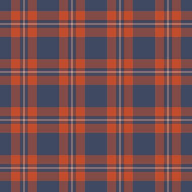 Klasik ekose desenli, lacivert ve sıcak turuncu renkte birbirine dokuma çizgileri. Özgeçmiş, tekstil veya dijital uygulamalar için kusursuz, uyumlu tasarım.