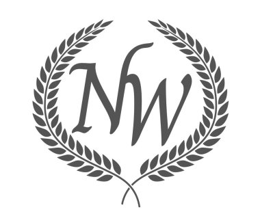 İlk harf N ve W, defne çelenkli NW monogram logo tasarımı. Kaligrafi yazı tipli lüks amblem.