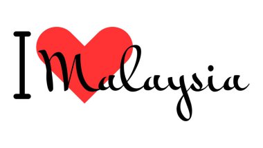 Malezya 'yı seviyorum. Kırmızı kalpli el yazısıyla yazılmış mektuplar. Yazılı t-shirt, afiş, poster, çıkartma veya etiket için modern tasarım harfleri.
