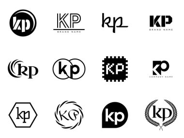 KP logo şirketi şablonu. K harfi ve p logoti. Tasarım elemanları ile farklı klasik serif harfleri ve modern kalın metin ayarla. İlk yazı tipi tipografisi. Koleksiyon trend iş kimliği.