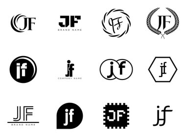 JF logo şirketi şablonu. J harfi ve F logosu. Tasarım elemanları ile farklı klasik serif harfleri ve modern kalın metin ayarla. İlk yazı tipi tipografisi. Koleksiyon trend iş kimliği.