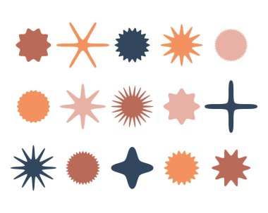 Geometrik şekiller sıcak ve dünyevi tonlarda ayarlanır. Soyut yıldız patlamaları ve rozetler retro titreşimler iletir. Minimalist tasarım ya da sanatsal altyapı için ideal. Çok yönlü tasarım ögesi.