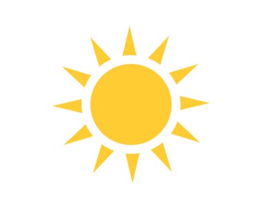 Beyaz arka planda parlak sarı güneş ikonu. Sıcaklığı, enerjiyi, pozitifliği ve yazı temsil eder. Hava durumu uygulamaları, tasarımlar, çizimler için ideal.