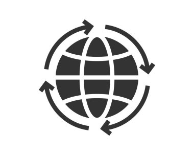 Dairesel oklarla çevrili küresel bir simge. Küresel iletişimi, dünya çapında erişimi, lojistiği ve uluslararası bağlantıları sembolize eder. Web, uygulama ve sunumlar için kullan.