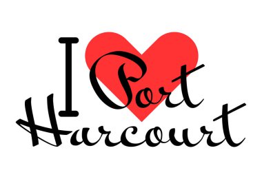 Nijerya 'daki Port Harcourt' u seviyorum. Kırmızı kalpli el yazısıyla yazılmış mektuplar. Vektör illüstrasyon harfleri, yazdırma tişörtü, afiş, poster, etiket veya etiket için modern tasarım.