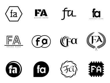 FA logo şirketi şablonu. F harfi ve logoti. Tasarım elemanları ile farklı klasik serif harfleri ve modern kalın metin ayarla. İlk yazı tipi tipografisi. Koleksiyon trend iş kimliği.
