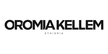 Etiyopya ambleminde parmak izi ve ağ için Oromia Kellem. Tasarım, modern yazı tipinde cesur tipografiye sahip geometrik stil, vektör illüstrasyonuna sahiptir. Beyaz arkaplanda izole edilmiş grafiksel slogan harfleri.