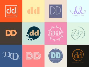 DD logo şirketi şablonu. D ve D harfleri var. Tasarım elemanları ile farklı klasik serif harfleri ve modern kalın metin ayarla. İlk yazı tipi tipografisi. Koleksiyon trend iş kimliği.