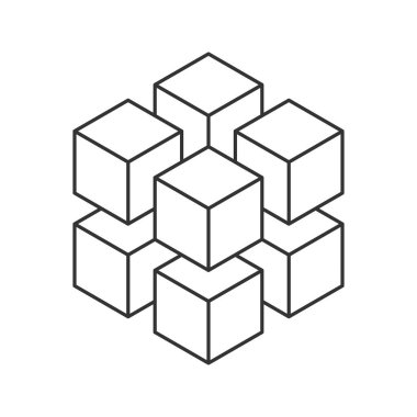 Birbirine bağlı küplerin soyut geometrik tasarımı. Bağlantı, yapı veya veriyi temsil eder. Minimalist çizgi sanat tarzı, teknoloji, mühendislik veya mimari kavramlar için mükemmeldir..