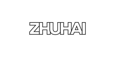 Zhuhai, Çin ambleminde basılı ve internetin sembolü. Tasarım, modern yazı tipinde cesur tipografiye sahip geometrik stil, vektör illüstrasyonuna sahiptir. Beyaz arkaplanda izole edilmiş grafiksel slogan harfleri.