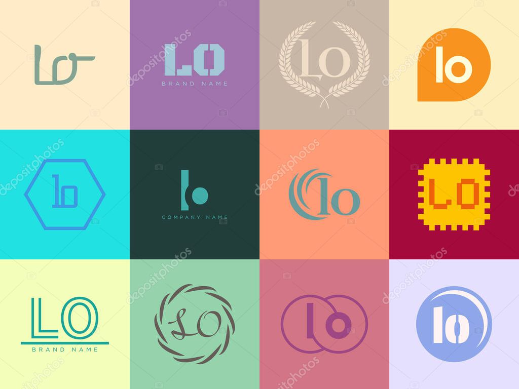 LO logo company template. Letter l and o logotype. Set different classic serif lettering and modern bold text with design elements. Initial font typography. Collection trendy business identity.