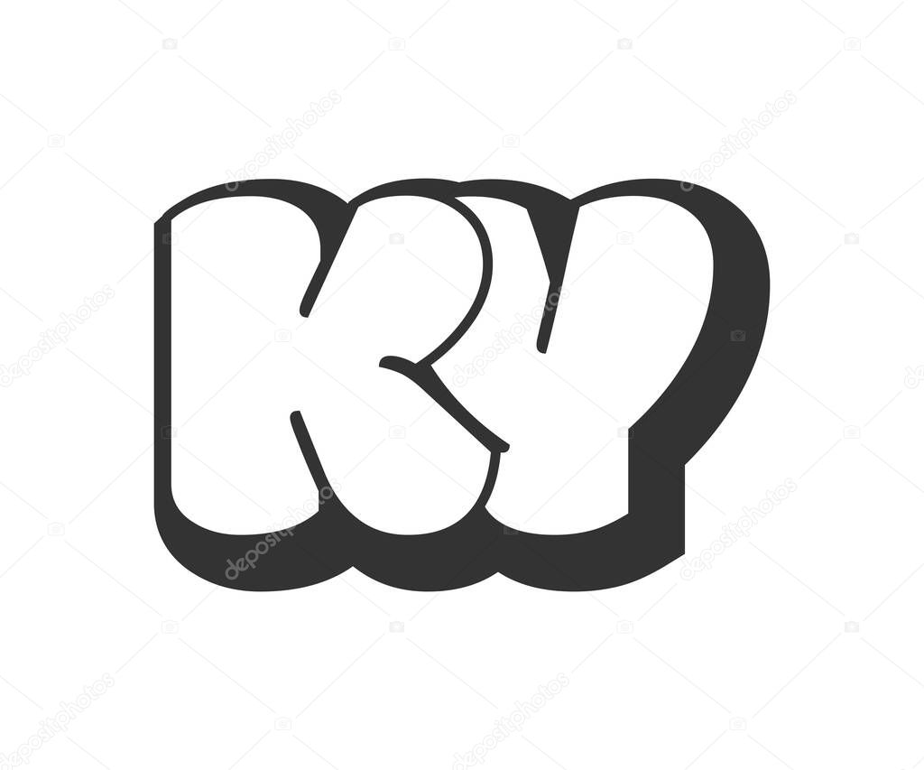 KY logo, bubble comic lettering, rounded in graffiti style black and white silhouette. Trendy preschool K and Y letter text for festival party, personal initials, children funky print and web. Vector illustration.