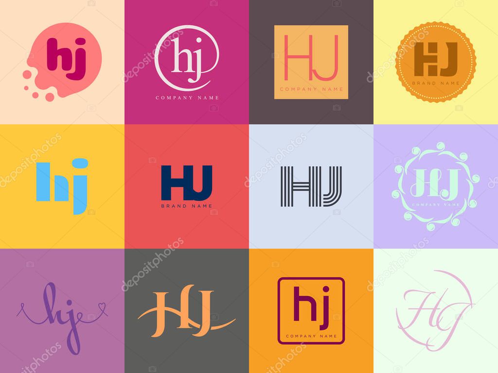 HJ logo company template. Letter h and j logotype. Set different classic serif lettering and modern bold text with design elements. Initial font typography. Collection trendy business identity.