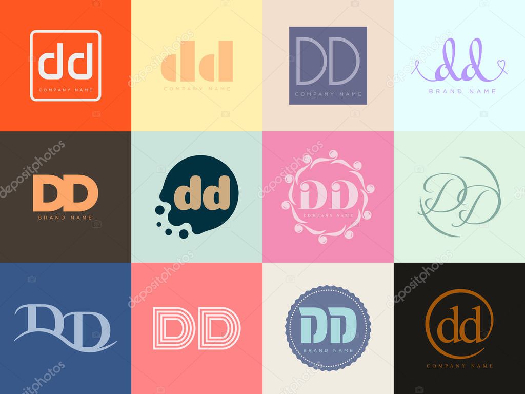 DD logo company template. Letter d and d logotype. Set different classic serif lettering and modern bold text with design elements. Initial font typography. Collection trendy business identity.