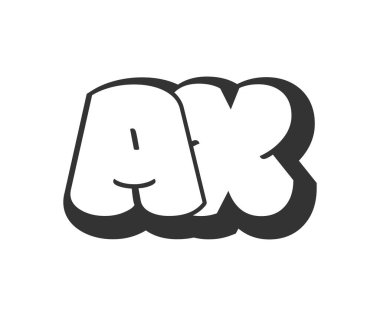 AX logosu, karikatür harfleri, graffiti stili siyah beyaz siluet şeklinde yuvarlak. Festival partisi için modaya uygun anaokulu ve X harfi metni, baş harfleri, çocuklar için funky prinky ve web. Vektör illüstrasyonu.
