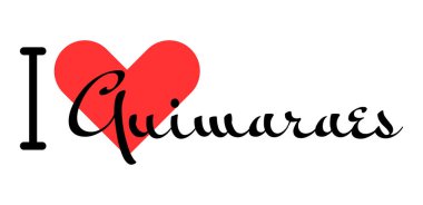 Portekiz 'deki Guimaraes şehrini seviyorum. Kırmızı kalpli el yazısıyla yazılmış mektuplar. Vektör illüstrasyon harfleri, yazdırma tişörtü, afiş, poster, etiket veya etiket için modern tasarım.