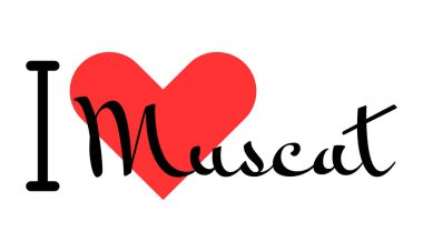 Muscat 'i seviyorum, Umman şehri. Kırmızı kalpli el yazısıyla yazılmış mektuplar. Vektör illüstrasyon harfleri, yazdırma tişörtü, afiş, poster, etiket veya etiket için modern tasarım.