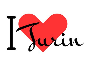Torino 'yu seviyorum, İtalya' yı. Kırmızı kalpli el yazısıyla yazılmış mektuplar. Vektör illüstrasyon harfleri, yazdırma tişörtü, afiş, poster, etiket veya etiket için modern tasarım.